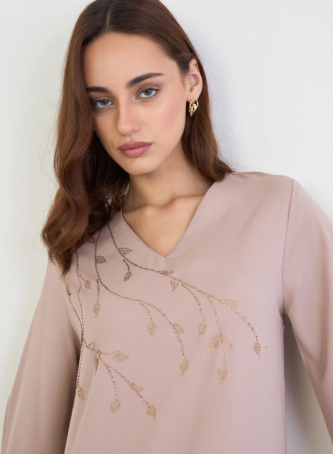 Amirah Beige Jalabiya with Rhinestone Embroidery - Image 3