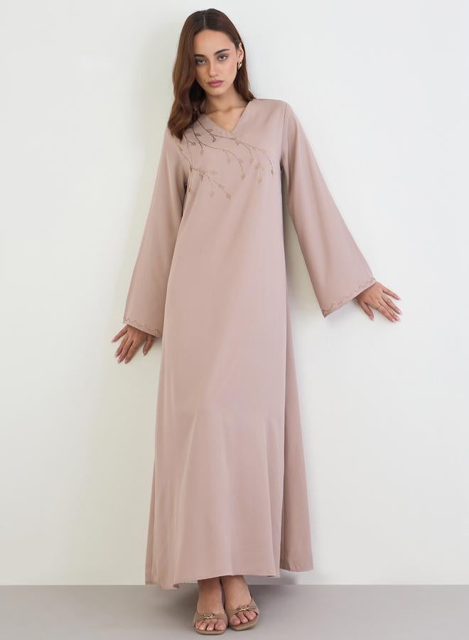 Amirah Beige Jalabiya with Rhinestone Embroidery - Image 1