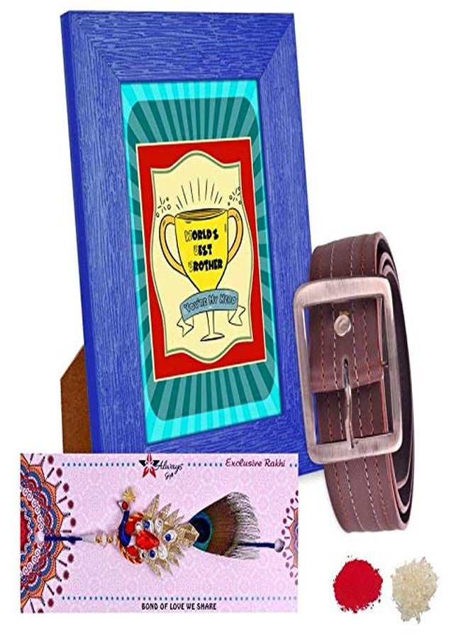Alwaysgift STUNNING PEACOCK KUNDAN RAKHI You're My Hero Bro Quotation frame & Belt Combo - Image 1