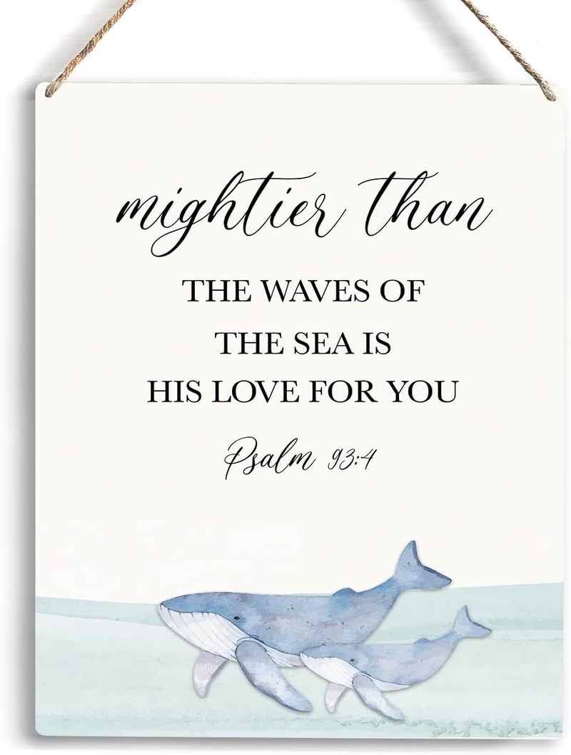 YCYD Inspirational Nautical Ocean Whale Decor Mightier Than The Waves of The Sea Psalm 934 Wooden Hanging Sign Gift for Baby Kids Girl Boy Nursery Teen Room Bible Verse Wall Art 8 x 10 Inches - Image 1