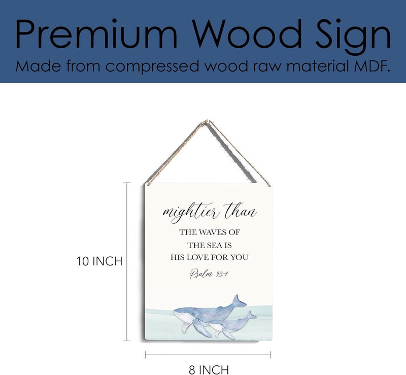 YCYD Inspirational Nautical Ocean Whale Decor Mightier Than The Waves of The Sea Psalm 934 Wooden Hanging Sign Gift for Baby Kids Girl Boy Nursery Teen Room Bible Verse Wall Art 8 x 10 Inches - Image 3