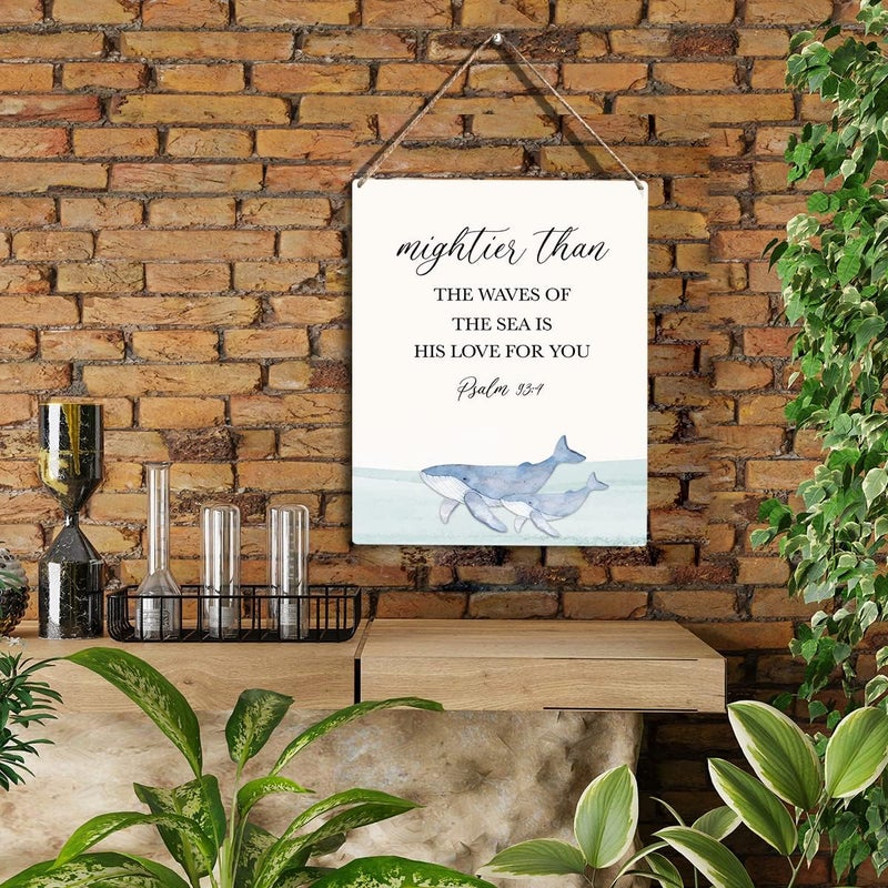 YCYD Inspirational Nautical Ocean Whale Decor Mightier Than The Waves of The Sea Psalm 934 Wooden Hanging Sign Gift for Baby Kids Girl Boy Nursery Teen Room Bible Verse Wall Art 8 x 10 Inches - Image 2