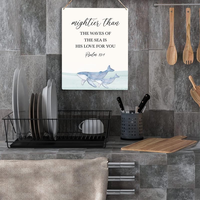YCYD Inspirational Nautical Ocean Whale Decor Mightier Than The Waves of The Sea Psalm 934 Wooden Hanging Sign Gift for Baby Kids Girl Boy Nursery Teen Room Bible Verse Wall Art 8 x 10 Inches - Image 5