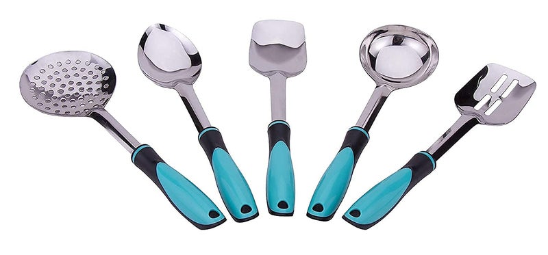 SOLINO Stainless Steel Serving and Cooking Spoons Set of 5 pc Combo 1 of Slotted Turner 1 of Ladle 1 of Skimmer 1 of Serving Big Spoon SkyBlue - Image 1