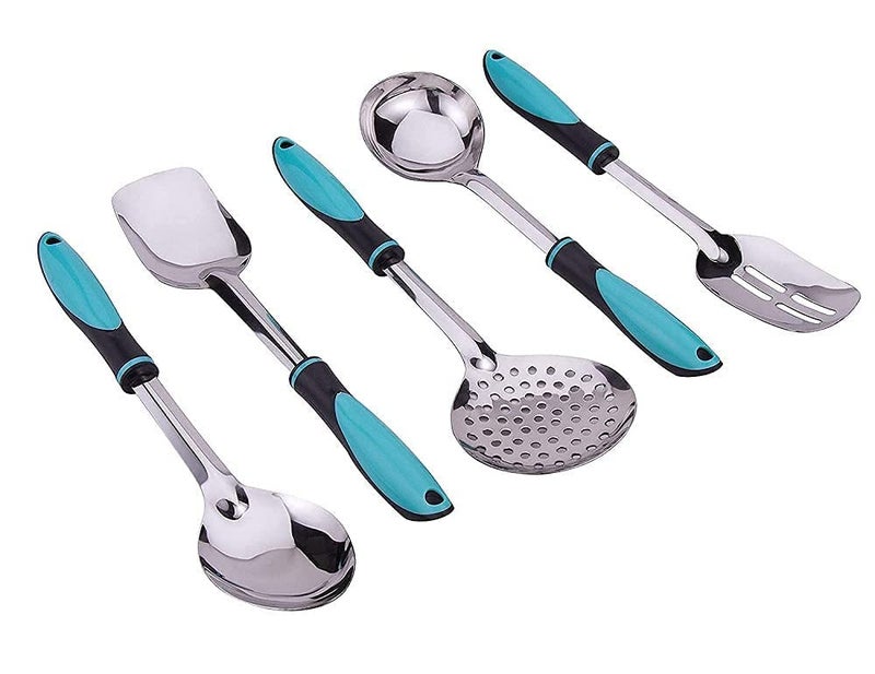 SOLINO Stainless Steel Serving and Cooking Spoons Set of 5 pc Combo 1 of Slotted Turner 1 of Ladle 1 of Skimmer 1 of Serving Big Spoon SkyBlue - Image 4