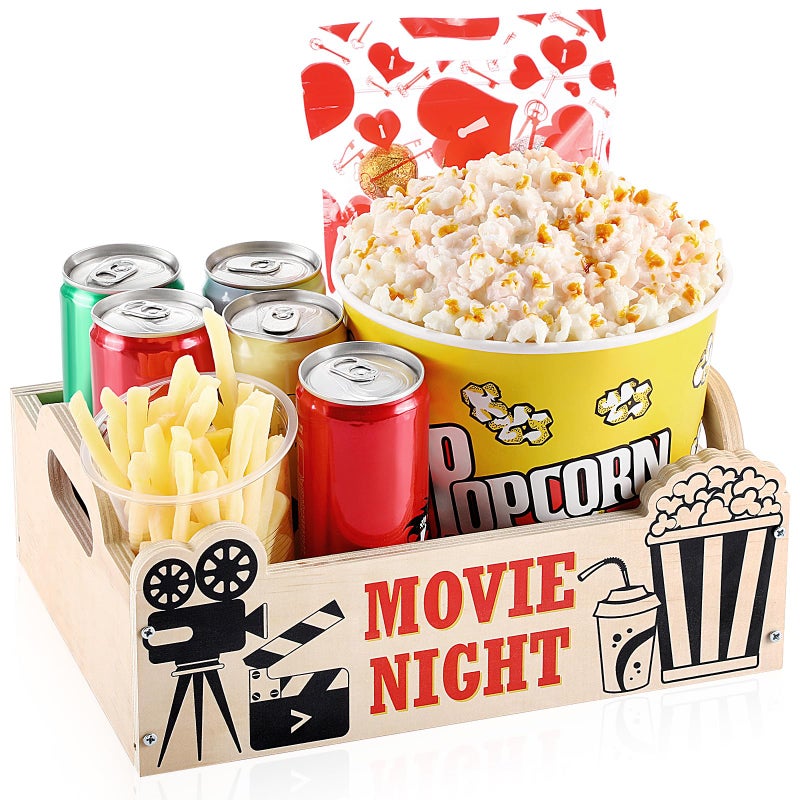 Maxdot 1 Pcs Movie Night Snack Trays with Handles DIY Wooden Snack Basket Organizer Reusable Snack Trays Basket Box Supplies for Party 1181 X 866 X 394