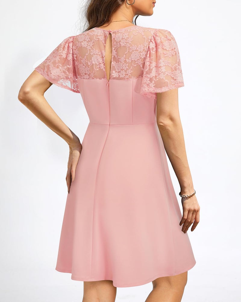 Holipick Pink Dress with Short Lace Sleeve Cocktail Wedding Guest Semi Formal Party A line Short Dresses Women Teen XL - Image 3