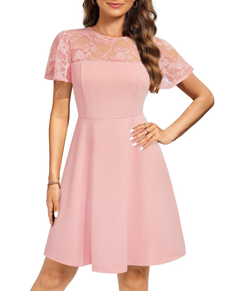 Holipick Pink Dress with Short Lace Sleeve Cocktail Wedding Guest Semi Formal Party A line Short Dresses Women Teen XL - Image 2