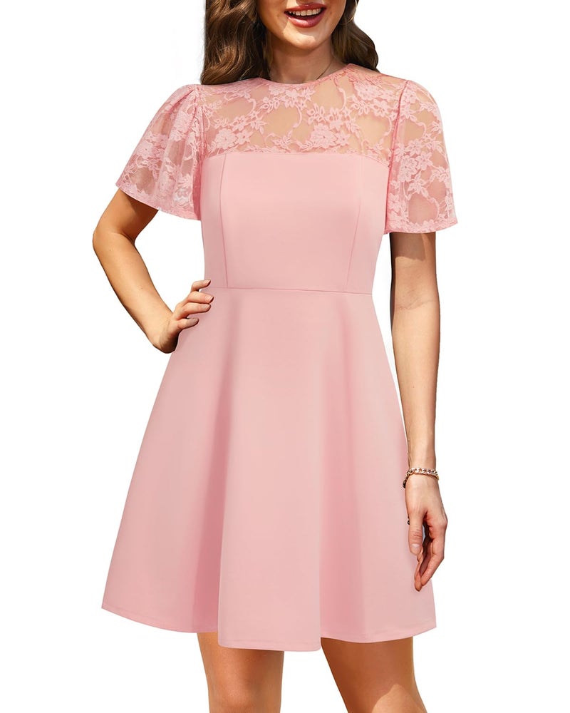 Holipick Pink Dress with Short Lace Sleeve Cocktail Wedding Guest Semi Formal Party A line Short Dresses Women Teen XL - Image 4
