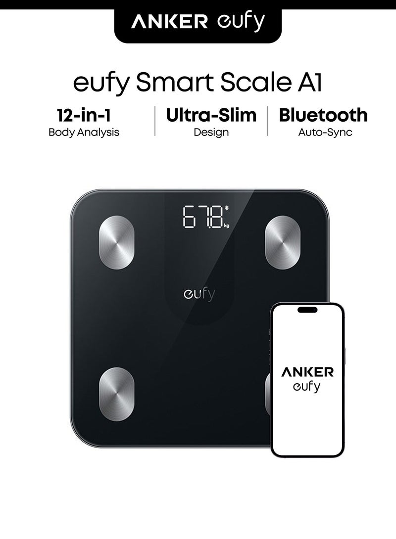 eufy Smart Scale A1 With Bluetooth, Body Fat Scale, Wireless Digital Bathroom Scale, 12 Measurements, Weight/body Fat/bmi, Fitness Body Composition Analysis, Black, Lbs/kg. - Image 1