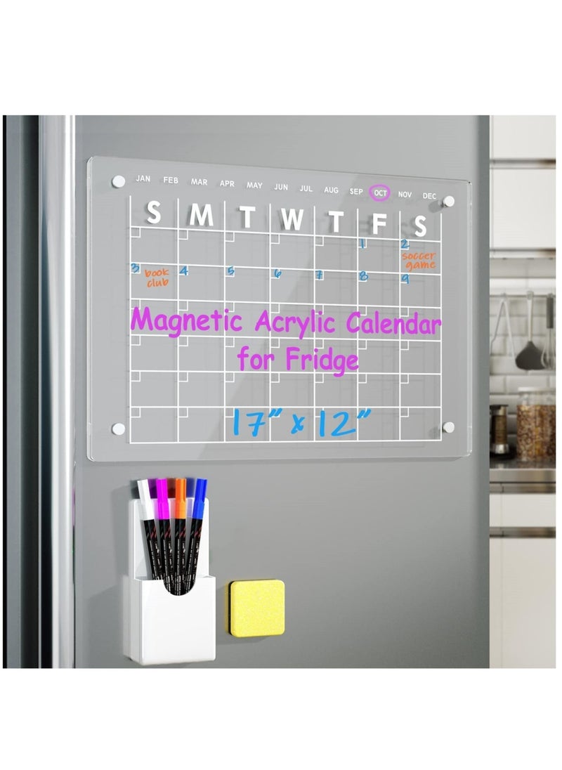 Furtey Acrylic Magnetic Monthly and Weekly Calendar, Clear Dry Erase Board Calendar for Fridge Reusable Planner, Includes 4 Dry Erase Markers  - Image 1