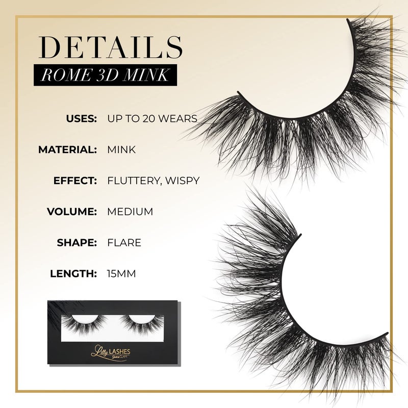 Lilly Lashes رموش ليلي لاشز روما 3D من قطن المنك، رموش من قطن المنك، الرموش الأصلية من ليلي للحصول على مظهر رقيق وطبيعي، رموش قابلة لإعادة الاستخدام حتى 25 مرة، رموش كثيفة، رموش شريطية، لاصق الرموش غير متضمن - Image 3