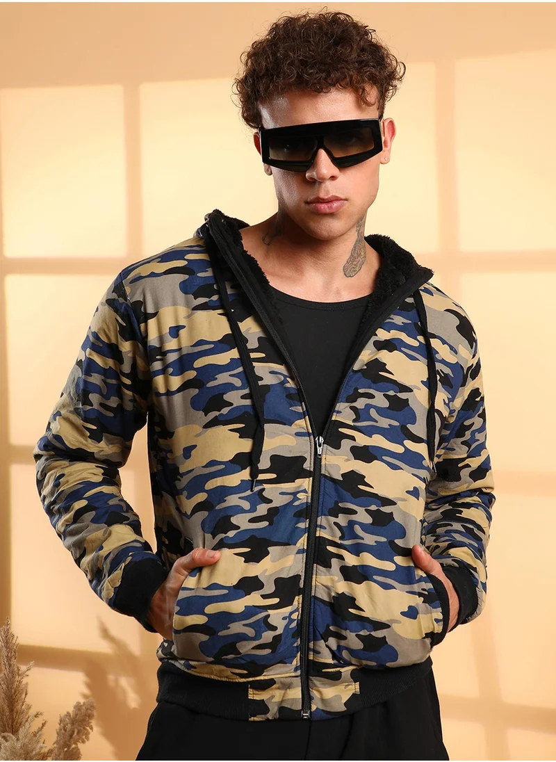 Campus Sutra Men's Navy Blue Camouflage Hoodie With Insert Pocket