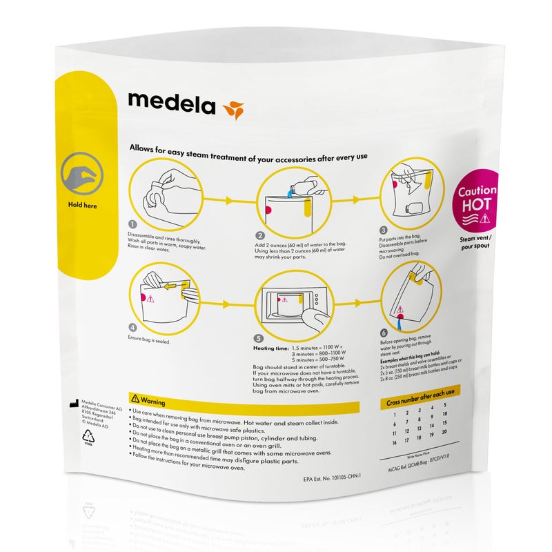 Medela أكياس ميدلا كويك كلين مايكروستيم، أكياس تعقيم للزجاجات وأجزاء مضخات الثدي تقضي على 99.9 من البكتيريا الشائعة، تعقم معظم ملحقات مضخات الثدي، صفراء، 12 عبوة - Image 2