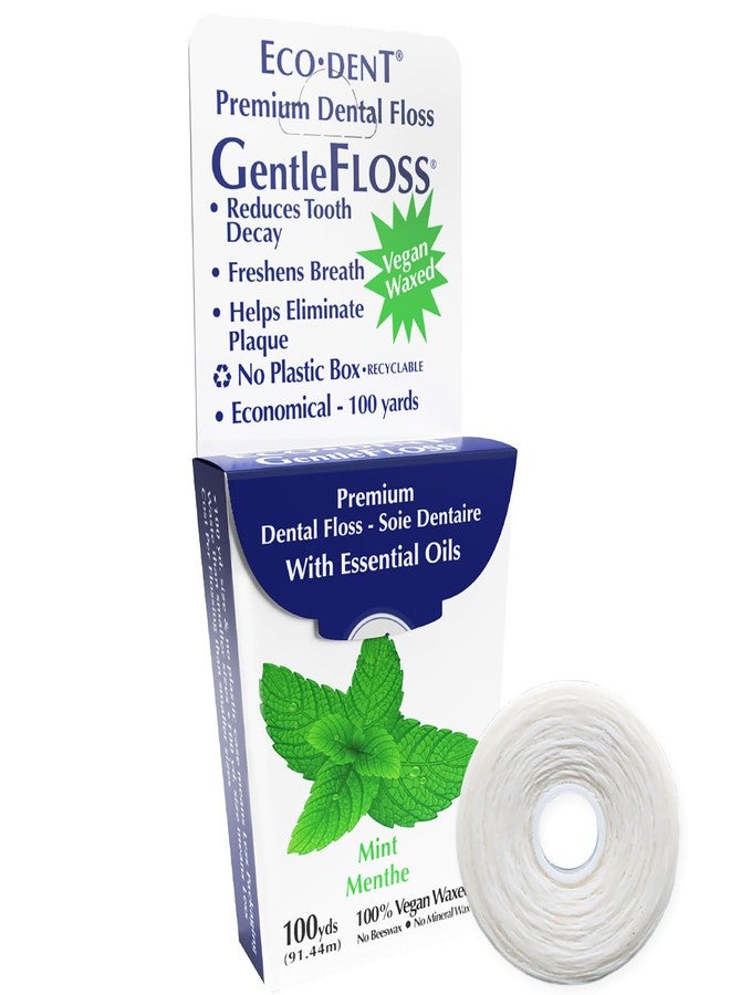 Eco-Dent GentleFloss Dental Floss, Waxed, Mint - Floss with Vegan Plant-Based Wax, Recyclable Cardboard Packaging, 100 Yds + DailyRinse Single-Use Pack - Image 1