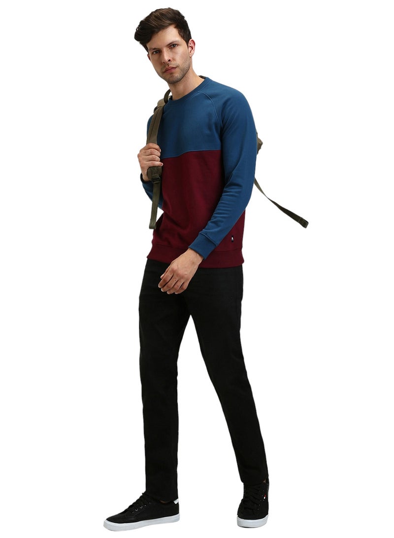 Dennis Lingo Regular Fit Blue Colourblocked Round Neck Sweatshirt for Men - Polycotton, Full Sleeves  - Image 1