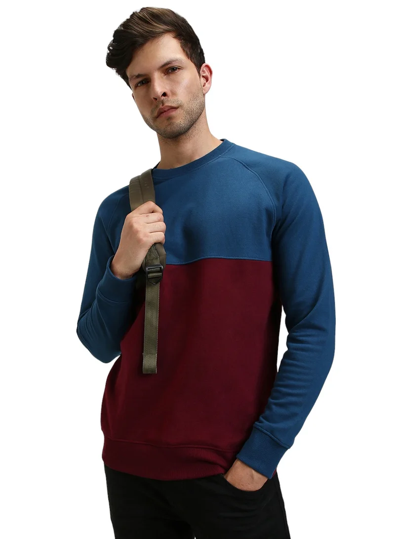 Dennis Lingo Regular Fit Blue Colourblocked Round Neck Sweatshirt for Men - Polycotton, Full Sleeves