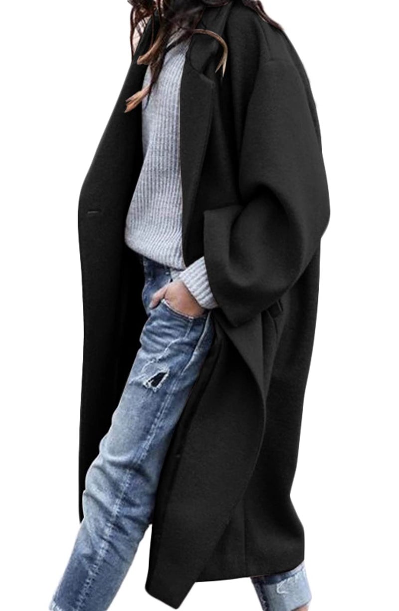 CHARTOU Womens Oversized Notched Collar Wool Blend Single Breast Midi Long Trench Coat XLarge Black