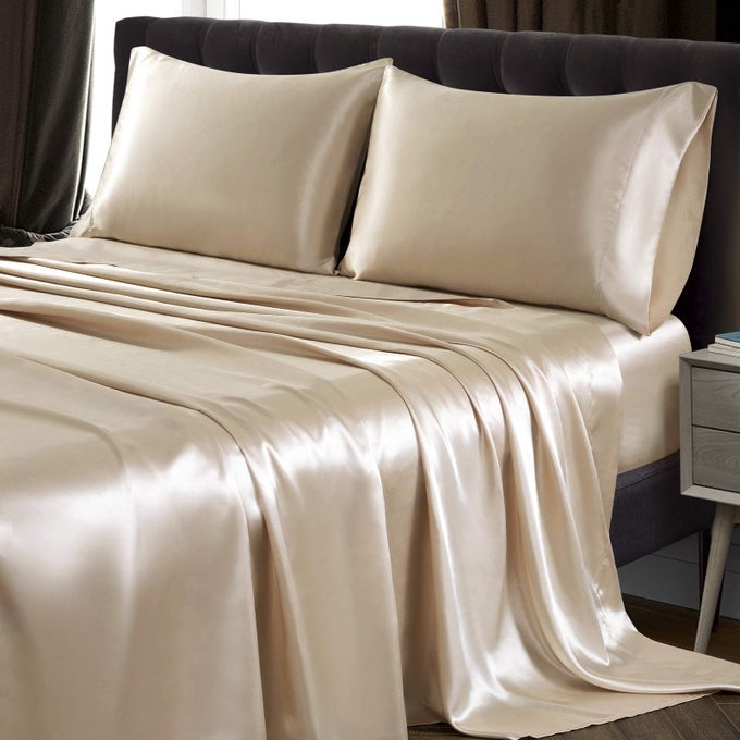 4PCS EXTRA DEEP POCKET SATIN SHEET SET KING SIZE ULTRA SILKY SOFT BEIGE SATIN KING BED SHEETS DEEP FITTED SHEET SET FITS 1824 INCH DEEP POCKET MATTRESS