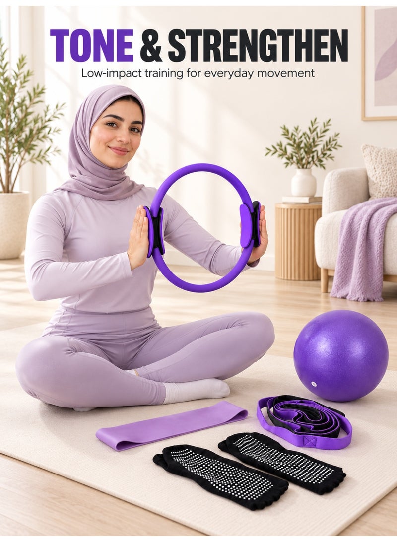 XiuWoo Pilates Equipment Set with Fitness Ring, Pilates Ball, Resistance Band, Stretch Strap, Non-Slip Socks and Workout Guide, Portable Home Exercise Kit for Yoga, Toning and Low-Impact Training - Image 4