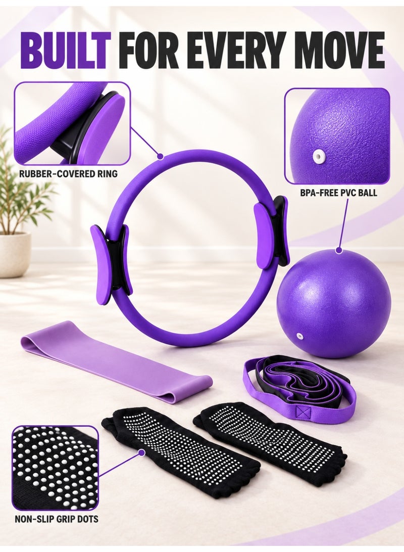 XiuWoo Pilates Equipment Set with Fitness Ring, Pilates Ball, Resistance Band, Stretch Strap, Non-Slip Socks and Workout Guide, Portable Home Exercise Kit for Yoga, Toning and Low-Impact Training - Image 5