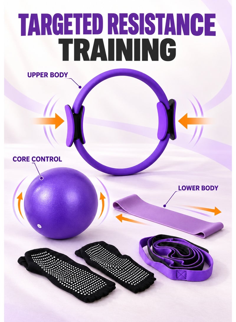 XiuWoo Pilates Equipment Set with Fitness Ring, Pilates Ball, Resistance Band, Stretch Strap, Non-Slip Socks and Workout Guide, Portable Home Exercise Kit for Yoga, Toning and Low-Impact Training - Image 2