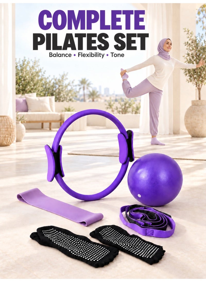 XiuWoo Pilates Equipment Set with Fitness Ring, Pilates Ball, Resistance Band, Stretch Strap, Non-Slip Socks and Workout Guide, Portable Home Exercise Kit for Yoga, Toning and Low-Impact Training - Image 1