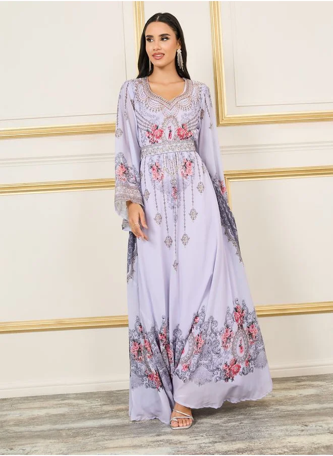 Maxim Creation Handwork Rhinestone Detail Digital Print Belted Jalabiya by Styli