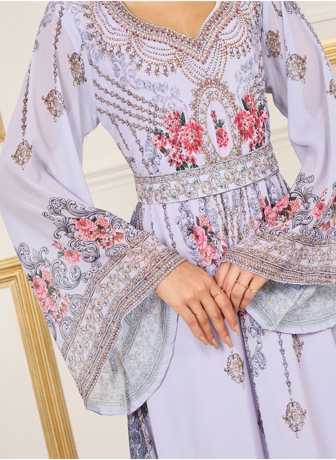 Maxim Creation Handwork Rhinestone Detail Digital Print Belted Jalabiya by Styli  - Image 3
