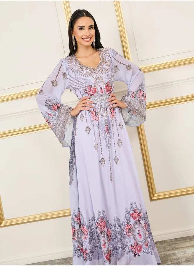 Maxim Creation Handwork Rhinestone Detail Digital Print Belted Jalabiya by Styli