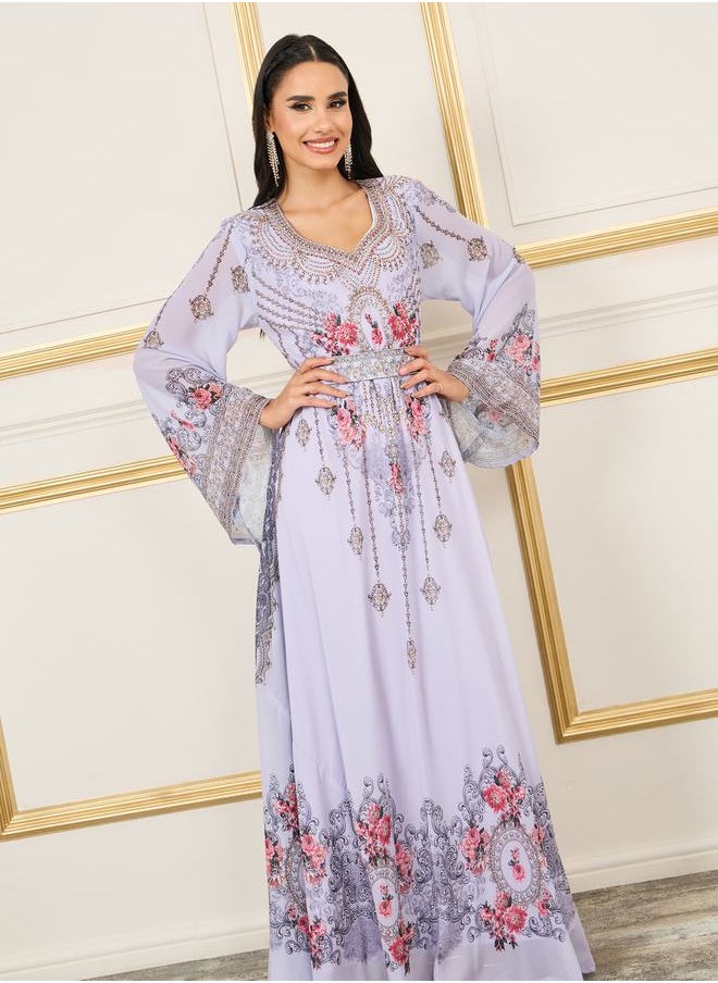 Maxim Creation Handwork Rhinestone Detail Digital Print Belted Jalabiya by Styli  - Image 2