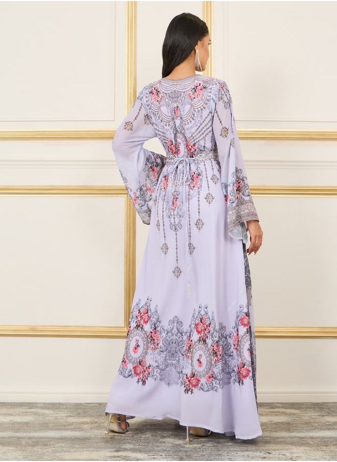 Maxim Creation Handwork Rhinestone Detail Digital Print Belted Jalabiya by Styli  - Image 4