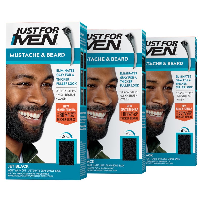 Just For Men Mustache & Beard, Beard Coloring for Gray Hair with Brush, With Keratin Biotin Aloe and Coconut Oil for Healthy Facial Hair - Jet Black, M-60, Pack of 3 (Packaging May Vary) - Image 1