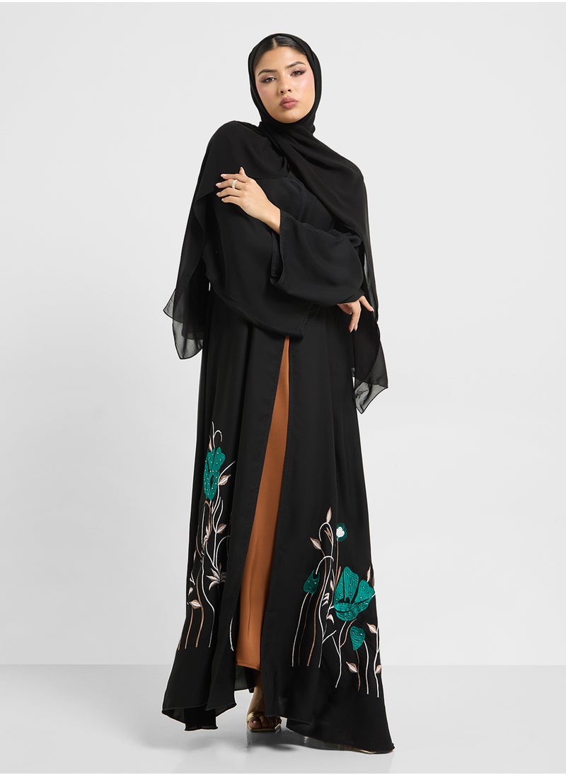hayas closet Embroidered V-Neck Flared Sleeve Abaya  - Image 1
