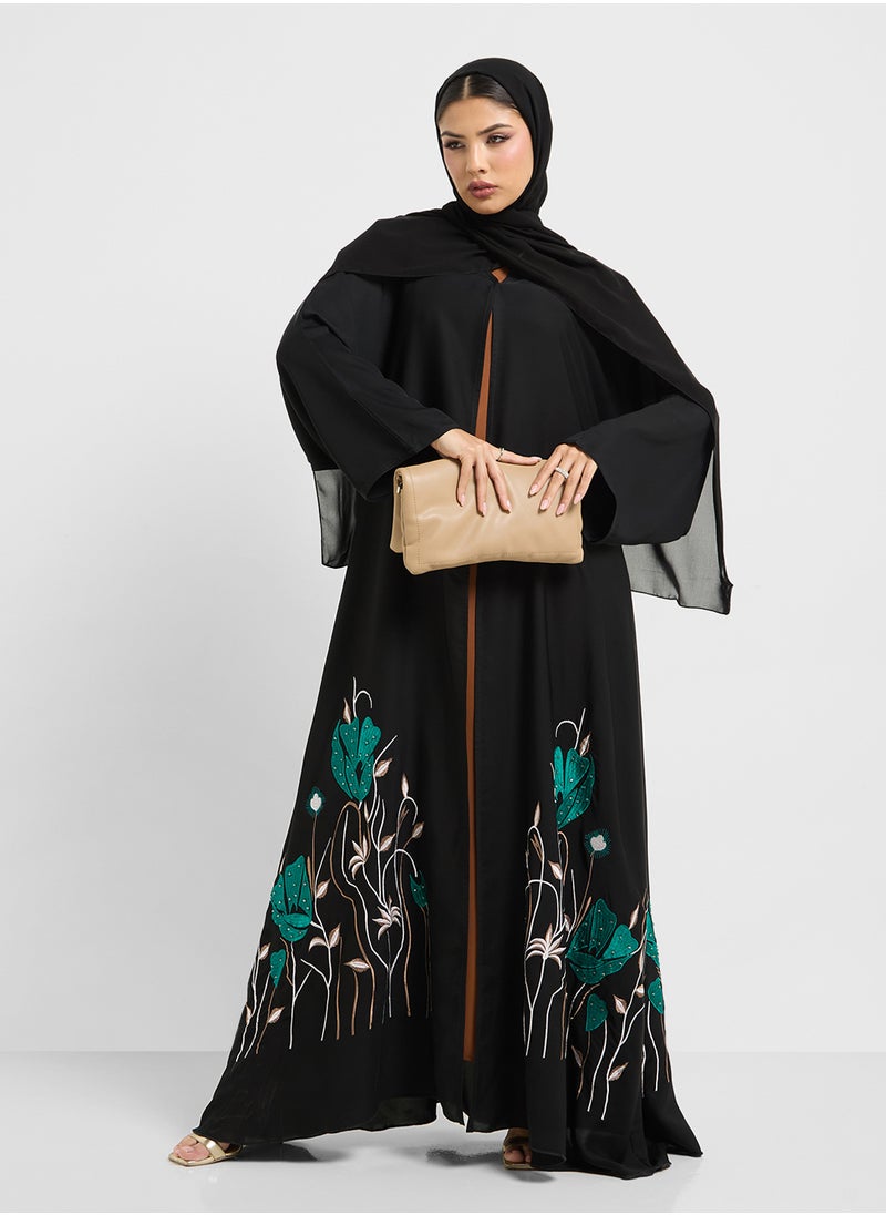 hayas closet - Embroidered V-Neck Flared Sleeve Abaya - Image 1