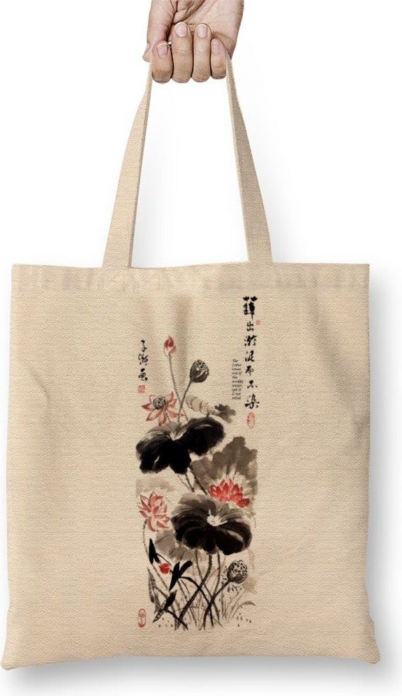 Baskı Dükkanı Print Shop Lotus Flower Lotus Painting Cloth Bag Long Handle 
