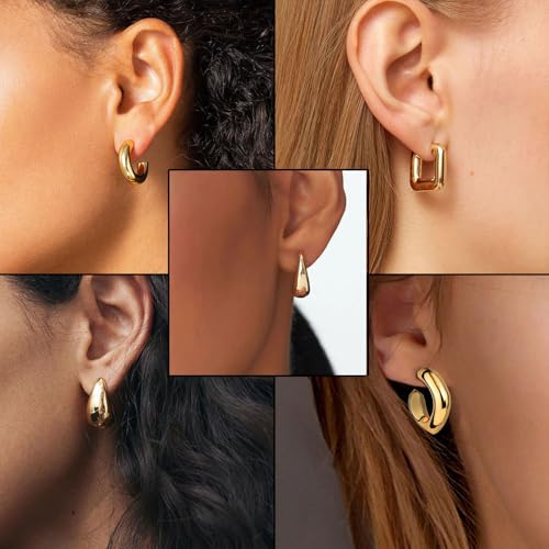 VAMA FASHIONS 5 Pairs Trendy Hypoallergenic Chunky Thick Open Hoop Huggies Stud Tear Drop Lightweight Ear Earrings Set for Women & Girls (Gold Plated Stud Earring) - Image 5