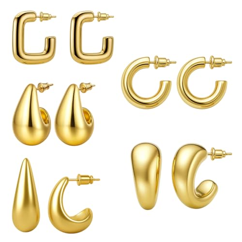 VAMA FASHIONS 5 Pairs Trendy Hypoallergenic Chunky Thick Open Hoop Huggies Stud Tear Drop Lightweight Ear Earrings Set for Women & Girls (Gold Plated Stud Earring) - Image 1