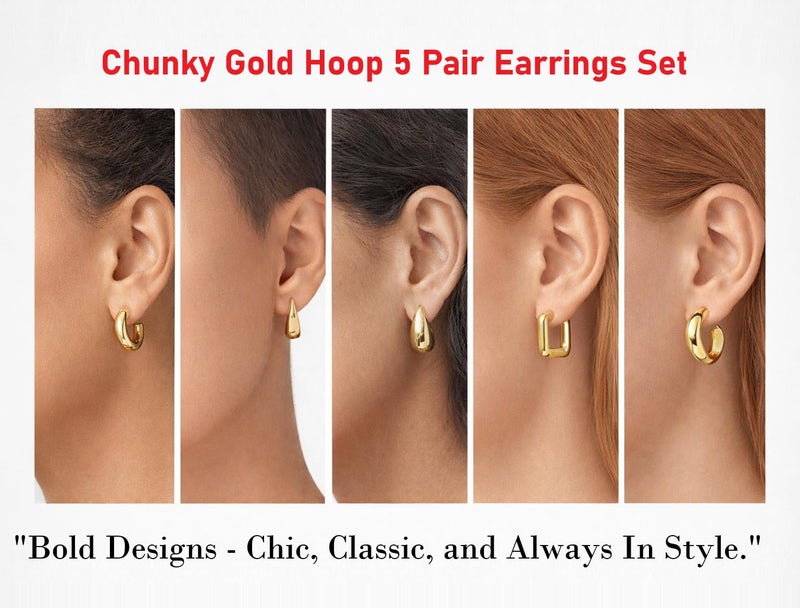 VAMA FASHIONS 5 Pairs Trendy Hypoallergenic Chunky Thick Open Hoop Huggies Stud Tear Drop Lightweight Ear Earrings Set for Women & Girls (Gold Plated Stud Earring) - Image 2