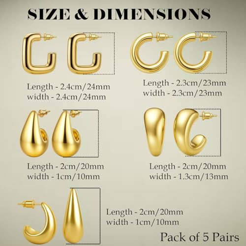 VAMA FASHIONS 5 Pairs Trendy Hypoallergenic Chunky Thick Open Hoop Huggies Stud Tear Drop Lightweight Ear Earrings Set for Women & Girls (Gold Plated Stud Earring) - Image 4