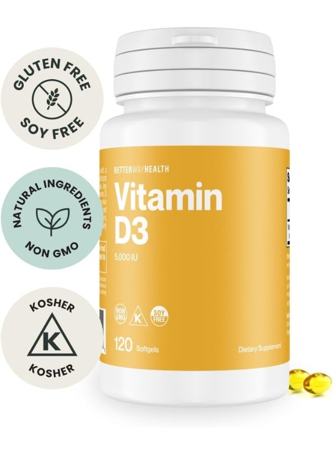 Better Way Health™ - High Potency Vitamin D3 Supplement - Immune & Bone Health Support - Non-GMO & Dairy-Free - 5,000 IU/120 Softgels - Image 2