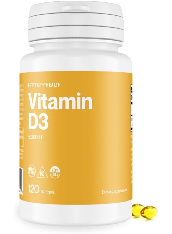 Better Way Health™ - High Potency Vitamin D3 Supplement - Immune & Bone Health Support - Non-GMO & Dairy-Free - 5,000 IU/120 Softgels - Image 1