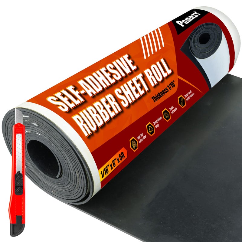 Pamazy Neoprene Rubber Sheet Roll 1/16"" Thick X 8"" Wide X 5Ft Long With Adhesive Backing (Including Utility Knife)  Heavy Duty Self Rubber Seal Strips Roll For Diy Gaskets  Flooring  Seals - Image 1