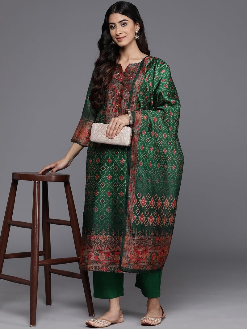 Varanga Women's Chanderi Regular Kurta Set (NV_VSKD31238_Green - Image 5