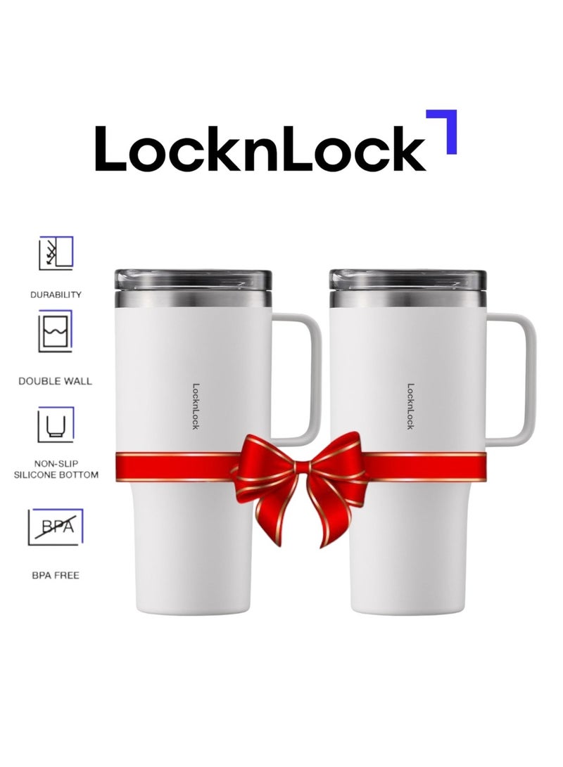 LocknLock كوب لوكن لوك ميترو كينغ 820 مل عبوة من اثنين – أكواب ستانلس ستيل معزولة خالية من BPA مع مقابض وأغطية مقاومة للتسرب للمشروبات الساخنة والباردة - Image 1