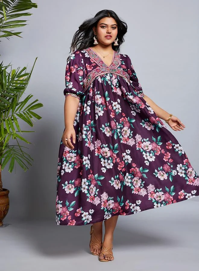 globus Globus Plus Size Burgundy Floral Print Fusion Midi Dress