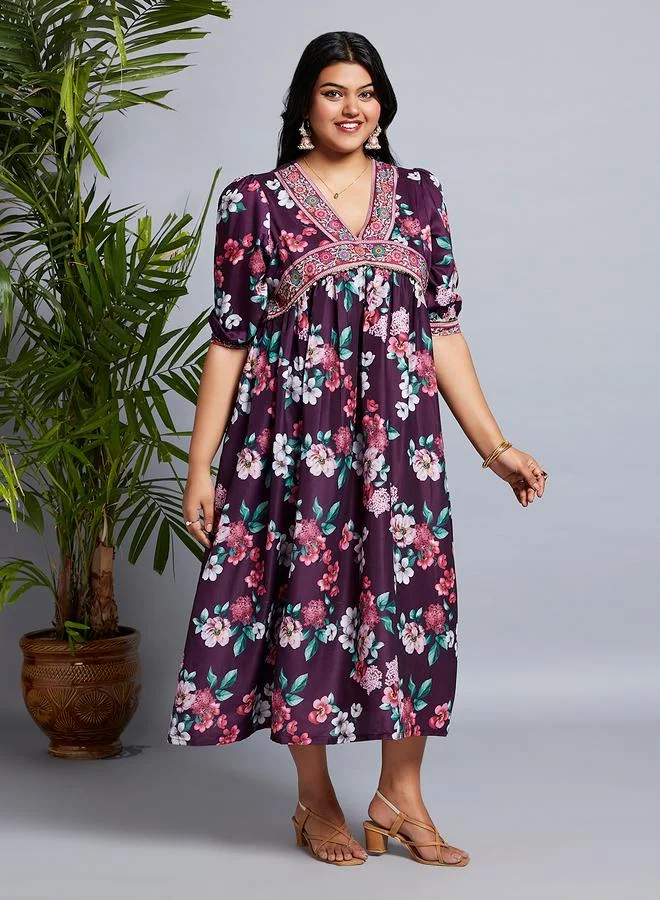 globus Globus Plus Size Burgundy Floral Print Fusion Midi Dress
