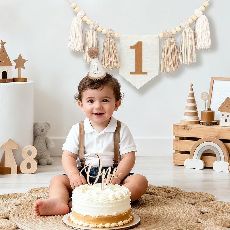 One-year-old party decoration light brown high chair flag one-year-old arrangement supplies - Image 3