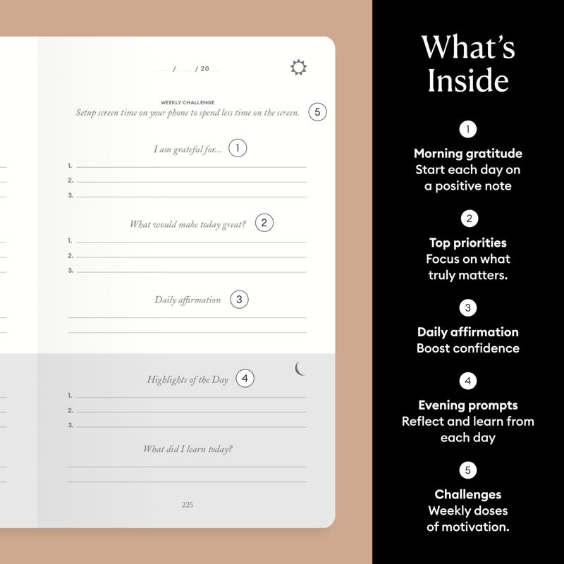 Intelligent Change مجلة الخمس دقائق الذكية، مجلة الامتنان اليومية الأصلية 2025، مجلة التجلي للوعي، مجلة يومية غير مؤرخة مع تزيين ذهبي، خالية من البلاستيك، صفراء - Image 4