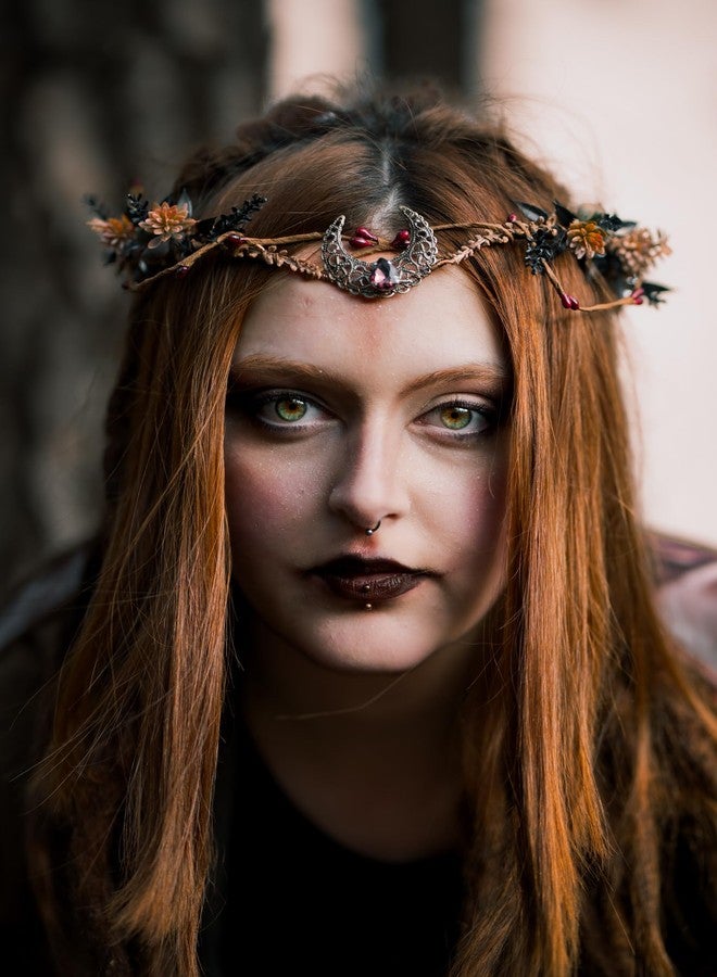 MOSTORY Moon Flower Crown Headpiece - Floral Elf Circlet Woodland Forest Headband for Witch Aesthetic Devil Queen Renaissance Faire Halloween Cosplay - Image 2